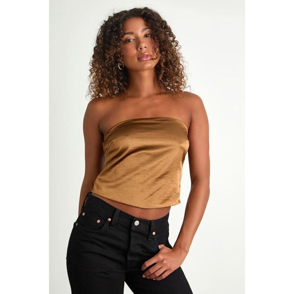 Lulus Devine Bronze Satin Strapless Crop Top Gold - Size M